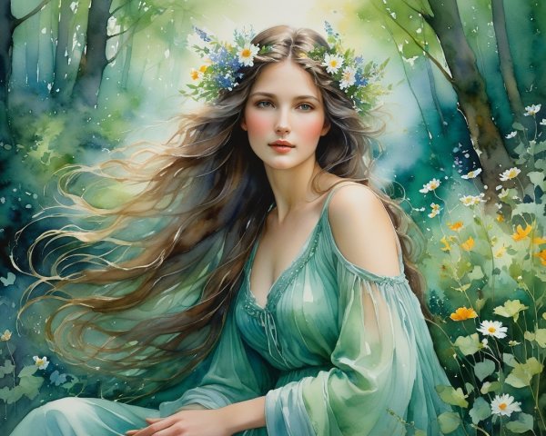 Serene Woman in Floral Crown Surrounded by Nature