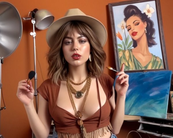 Young Woman in Artist's Studio with Vibrant Portrait