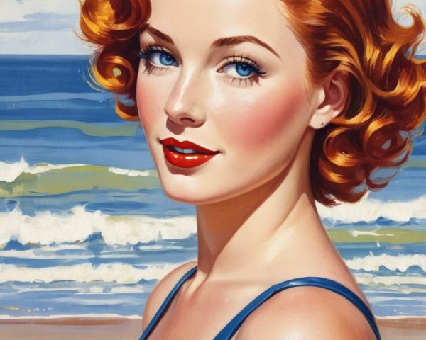 Glamorous Woman in Vintage Swimsuit at Beach