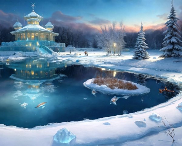 Winter Scene with Ice Palace and Tranquil Pond