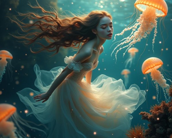 Underwater Scene with Woman and Glowing Jellyfish