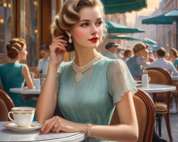 Stylish Woman in Vintage Dress at Café Setting