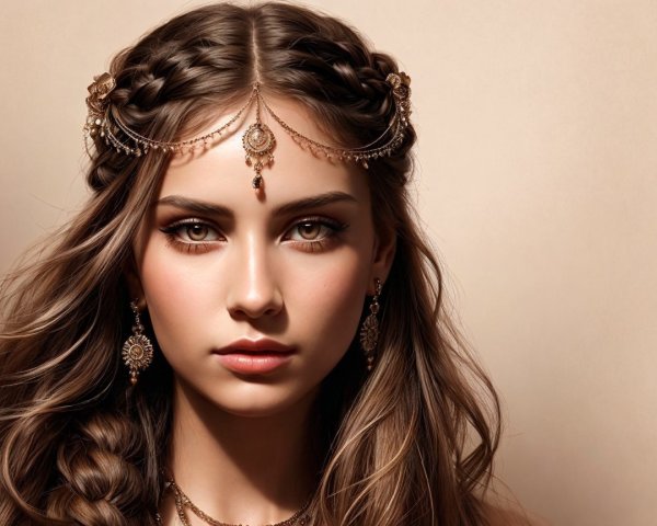 Close-up Portrait of a Young Woman with Braids and Jewelry