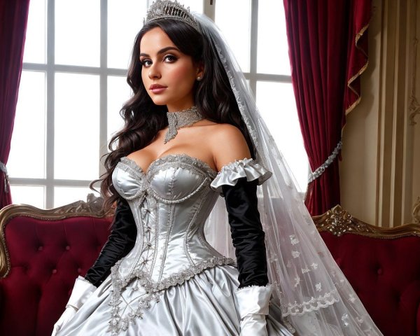 Elegant Woman in Silver Gown with Regal Accessories