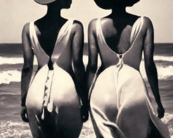 Vintage Beach Scene with Women in Elegant Swimsuits