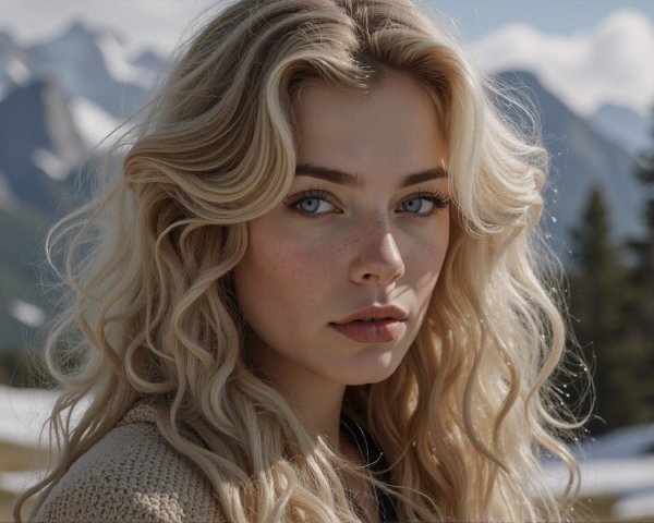 Young woman in sweater against mountain backdrop