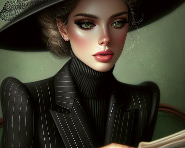 Stylish Woman in Black Hat Reading Newspaper