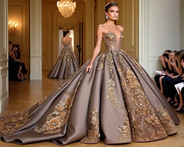 Exquisite gown with floral embroidery in elegant salon