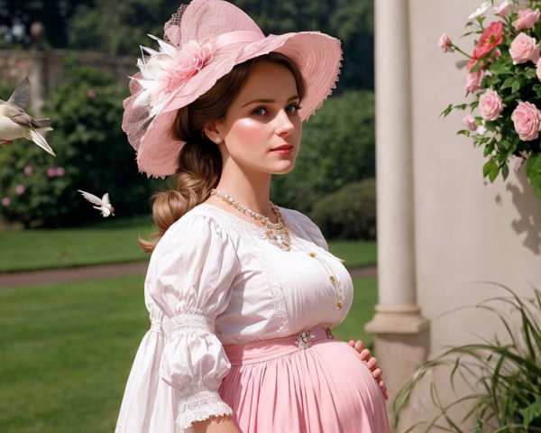 Pregnant Woman in Pink Gown in Lush Garden Setting
