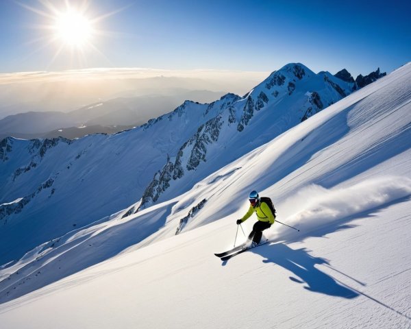 Skiing in a Sunlit Winter Landscape with Mountains