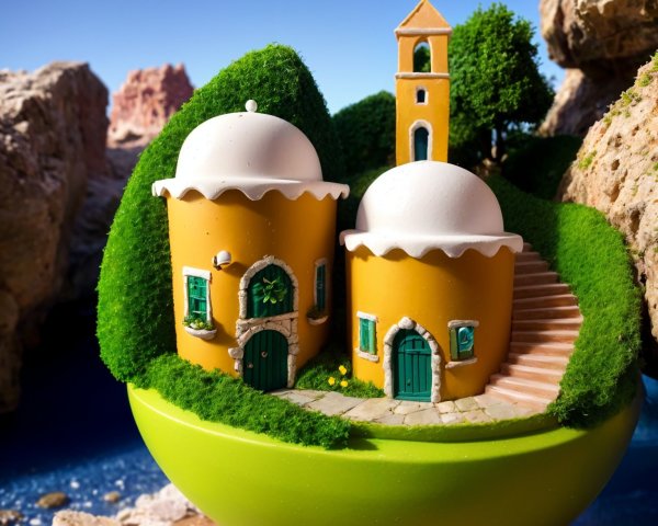 Miniature Scene of Yellow Houses on Grassy Hilltop