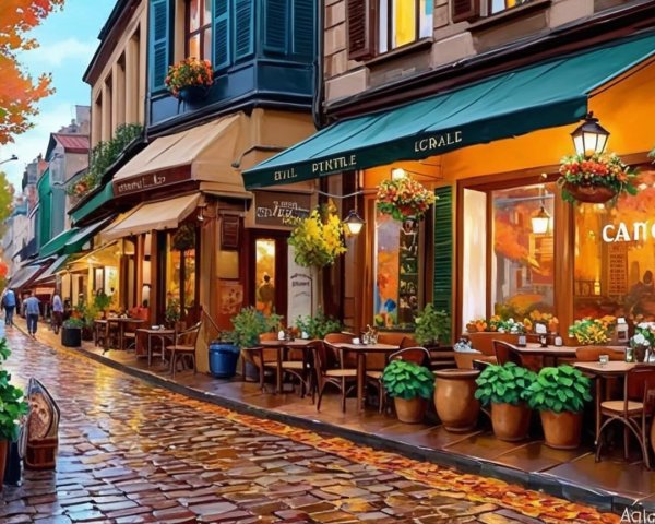Charming European Street Scene with Cafes and Foliage