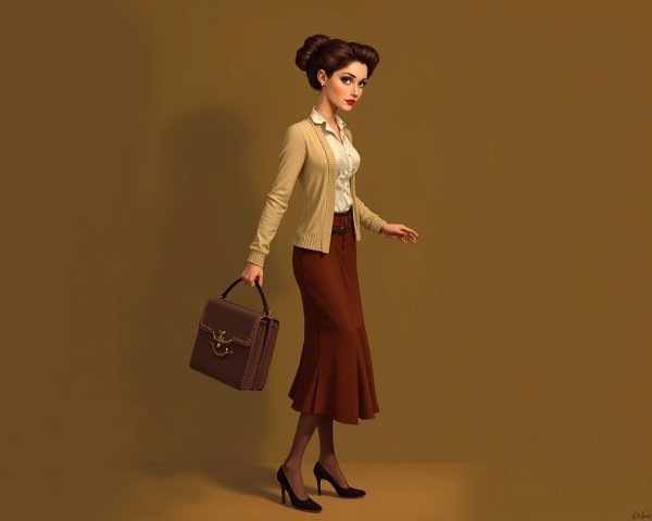 Elegant Woman in Cream Cardigan and Brown Skirt