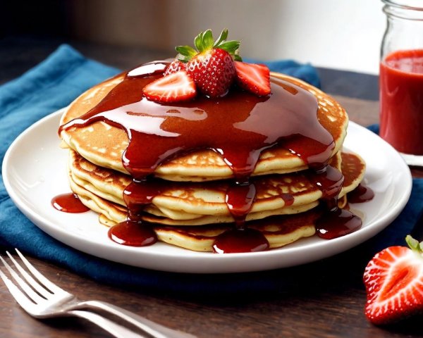 Fluffy pancakes with strawberries and syrup on a plate