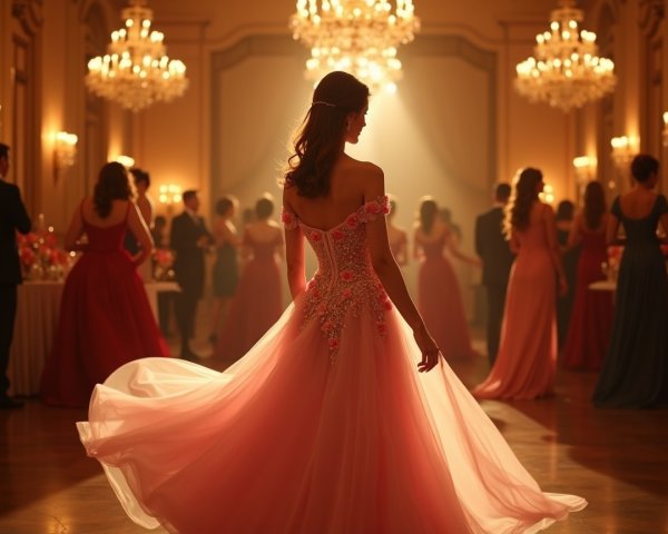 Elegant Ballroom Scene with Woman in Pink Gown