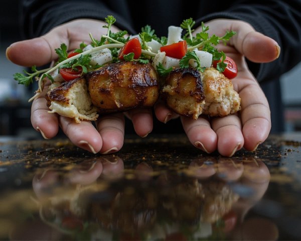 Grilled meat skewers with vibrant garnishes displayed