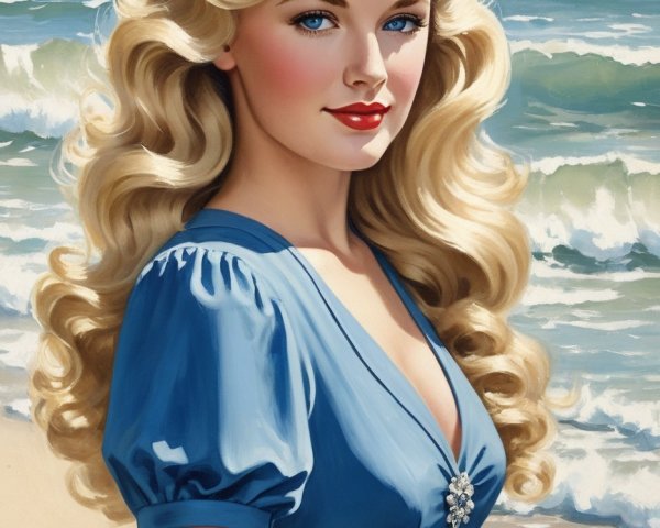 Glamorous Woman in Blue Dress by the Beach