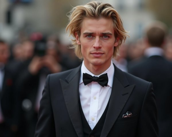 Young Man in Black Tuxedo at Glamorous Event