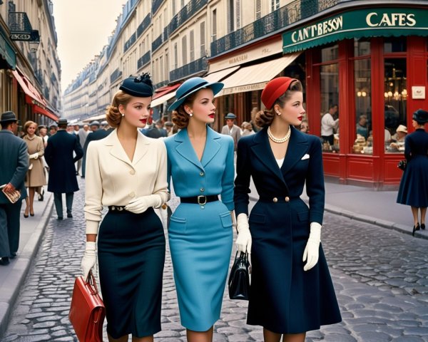 Elegant Women in Vintage 1950s Fashion in Paris