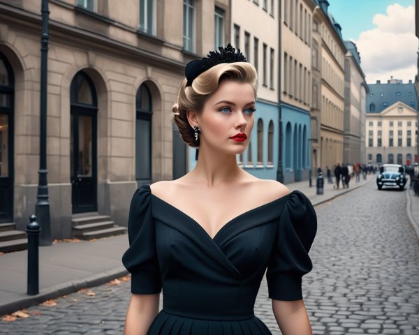 Vintage Elegance of a Woman in Black Evening Gown