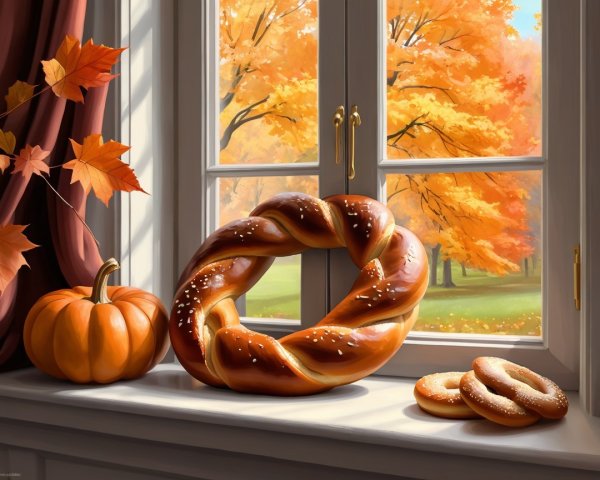 Cozy Window Scene with Autumn Treats and Leaves