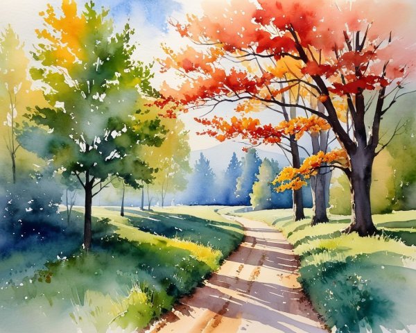 Serene Landscape with Winding Path and Autumn Trees