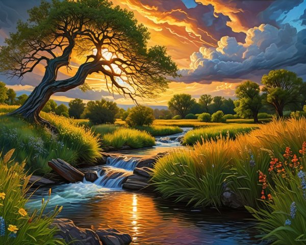 Serene Landscape with Stream and Vibrant Sunset
