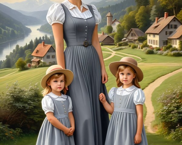 Serene Countryside Scene with Women and Girls in Dresses
