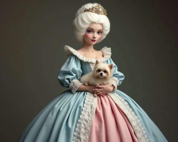 Elegant Doll in Pastel Gown with Fluffy Dog