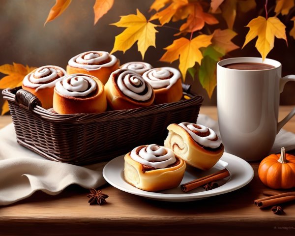 Cozy Autumn Scene with Cinnamon Rolls and Coffee