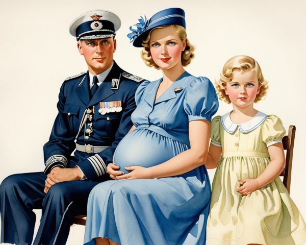 Nostalgic Family Illustration with Military Officer and Pregnant Woman
