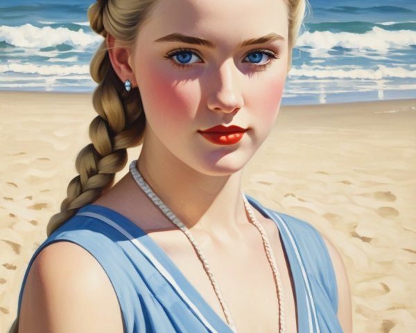 Young Woman in Blue Dress on Sandy Beach
