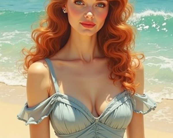 Young Woman in Light Blue Dress at Beach Scene
