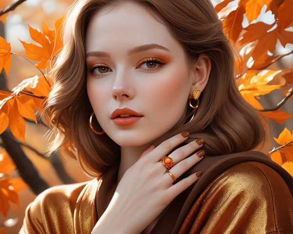 Young Woman in Golden Outfit Amid Autumn Leaves