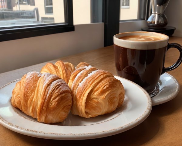 Cozy café scene with croissants and coffee