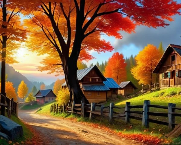 Autumn Landscape with Dirt Road and Cozy Houses