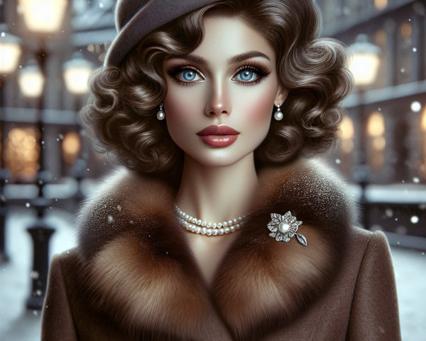 Glamorous Woman in Elegant Attire on Snowy Street