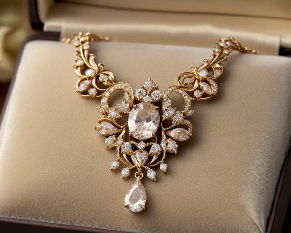 Gold Necklace with Floral Design and Rose Gemstone