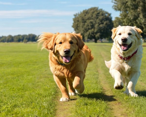 Playful Golden Retrievers Running in Sunny Park