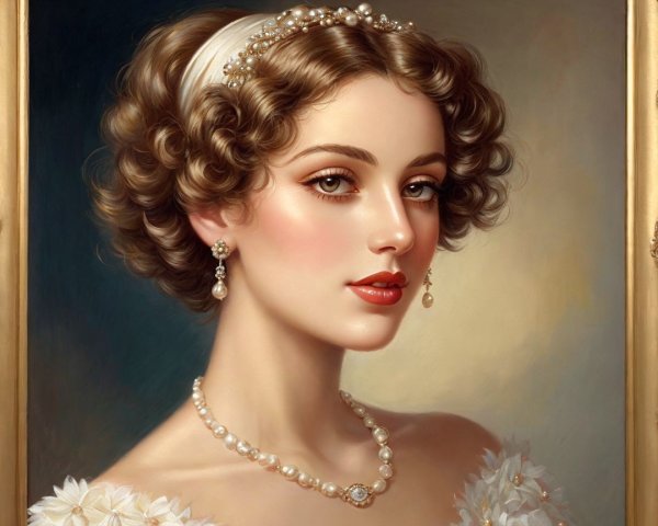 Portrait of a Young Woman with Elegant Curls and Pearls