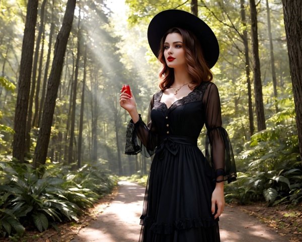 Mysterious Woman in Elegant Black Gown in Forest