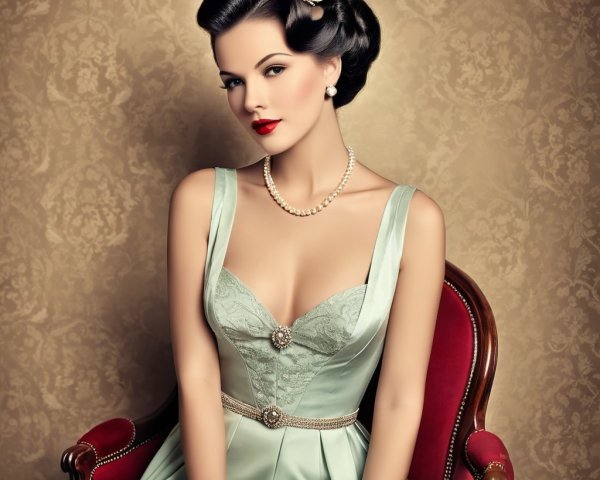 Glamorous Woman in Vintage Pastel Green Gown