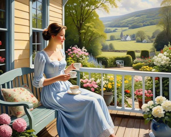 Young Woman on Porch with Tea and Scenic View