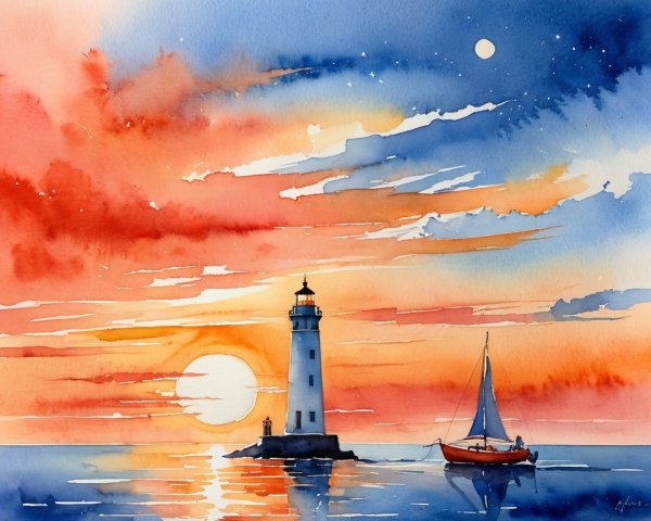 Watercolor Lighthouse at Sunset with Sailboat