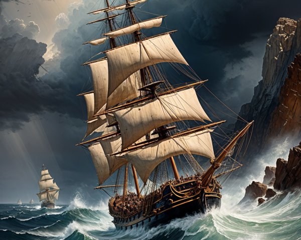 Majestic sailing ship navigating turbulent seas and cliffs