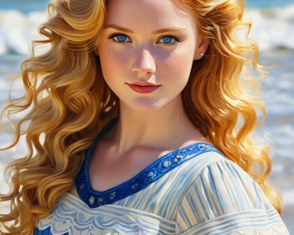 Young woman in vintage blue dress by the beach