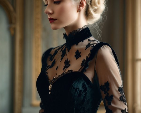 Elegant Woman in Black Gown with Regal Backdrop