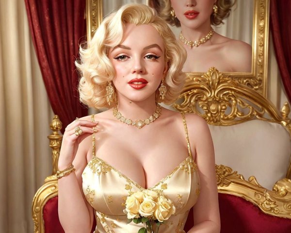 Glamorous Woman in Gold Gown with Yellow Roses