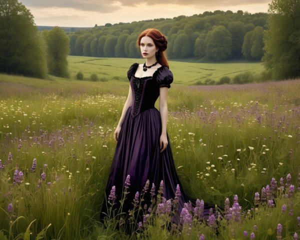 Young Woman in Dark Purple Gown in Lush Meadow