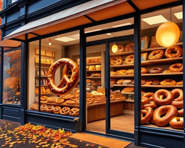 Charming Bakery Storefront with Fresh Pretzels and Bagels